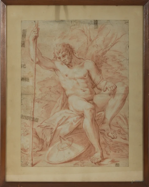 Guerriero a riposo, sanguigna su carta, cm 45x33, (difetti e rotture), XVIII-XIX secolo, (difetti)
