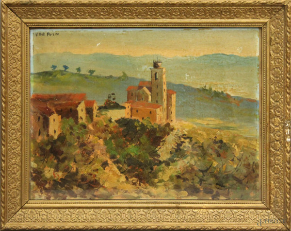 Scorcio di paese, olio su cartone, 31x42 cm, entro cornice firmato Vincenzo del Pezzo