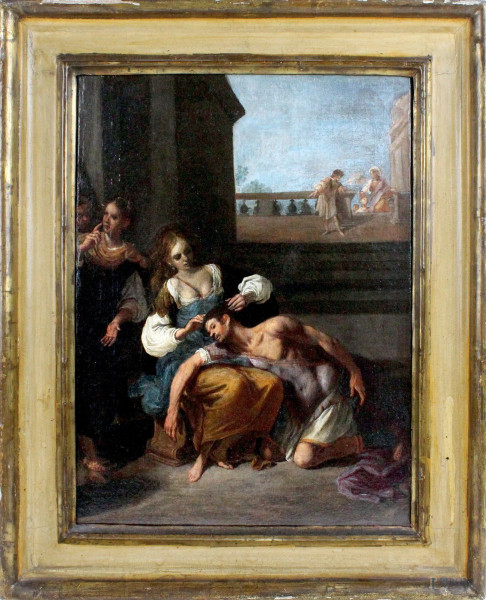 Scuola italiana del XVII secolo, Sansone e Dalila, olio su tela, cm. 38,5x28, entro cornice