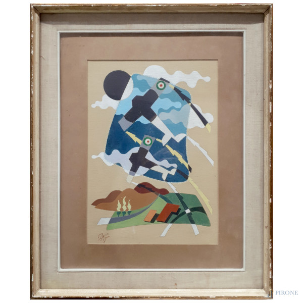 Pericle D’Elia (XX sec.) Aeropittura, tecnica mista su tavola, cm 36x24, firmato, con cornice
