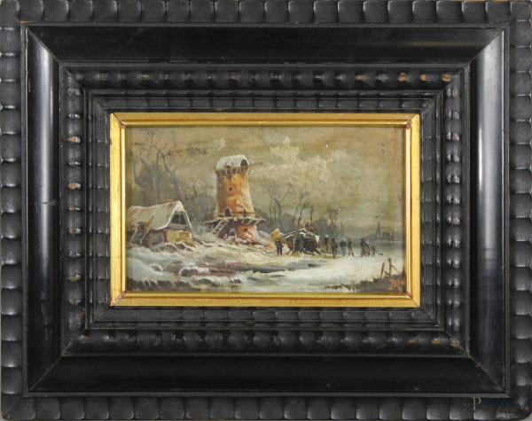 Paesaggio invernale con figure, olio su tavola 11,5x20cm siglato P.M. entro cornice.