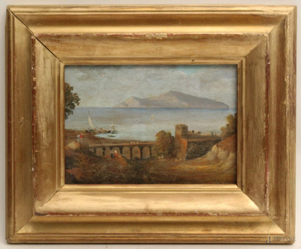 Veduta del golfo di Napoli, olio su tavola, cm. 12x17,5, firmato, entro cornice.