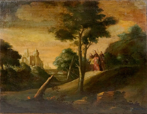 Pittore del XVIII secolo, Paesaggio con rovine e viandanti, olio su tela, cm 75x98.