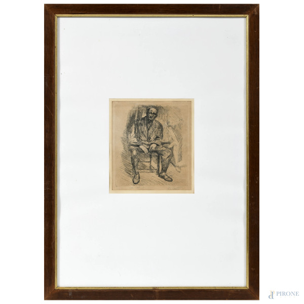 Enrico Castelli (1909-1980), Uomo seduto, acquaforte, es. 192/295, cm 49x34 compreso passepartout, firmata in basso a destra, entro cornice, (piegature, segni del tempo)