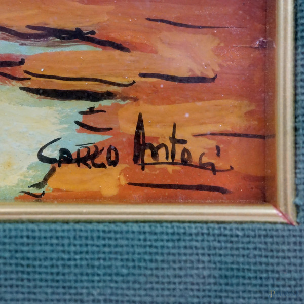 Carlo Antoci (XX secolo), Costa con imbarcazioni, olio su compensato, cm 18,5x13, entro cornice