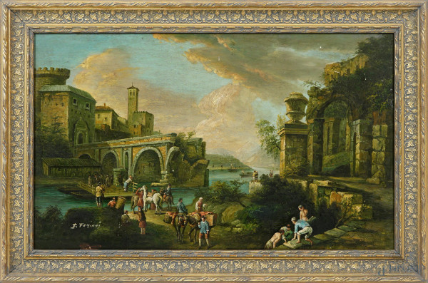 Capriccio con figure, olio su tavola, firmato, cm 44x73, entro cornice