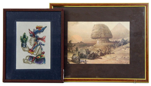 Lotto composto da una stampa a colori raffigurante la Grande Sfinge e figura Maya a colori su supporto in pelle, misure max cm 16x23,5, XX secolo, entro cornici.