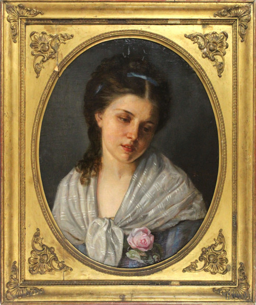 Jules  De Senezcourt - Ritratto di giovane donna con rosa, olio su tela applicata su tavola, cm 57x46 ad assetto ovale, entro cornice