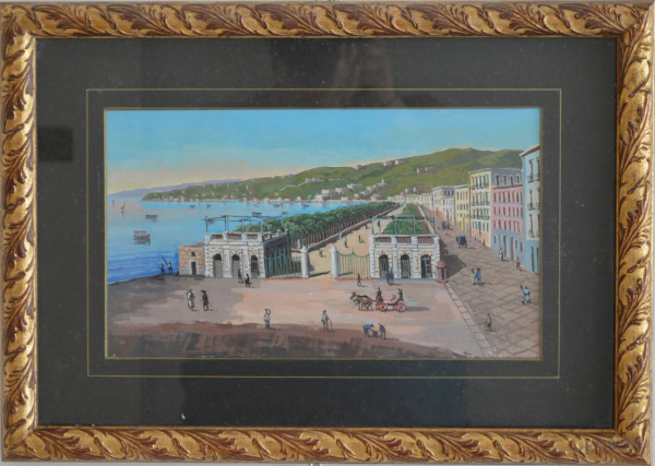 Scorcio di Napoli con figure, acquarello su carta 30x20 cm, entro cornice.