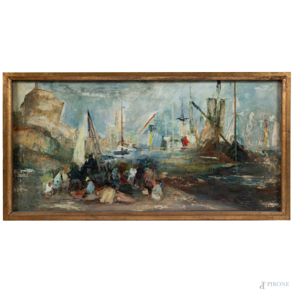 Dino Rossi, Il Porto di Santo Stefano al mattino, tecnica mista su tela, cm 40x80, firmato in basso, entro cornice