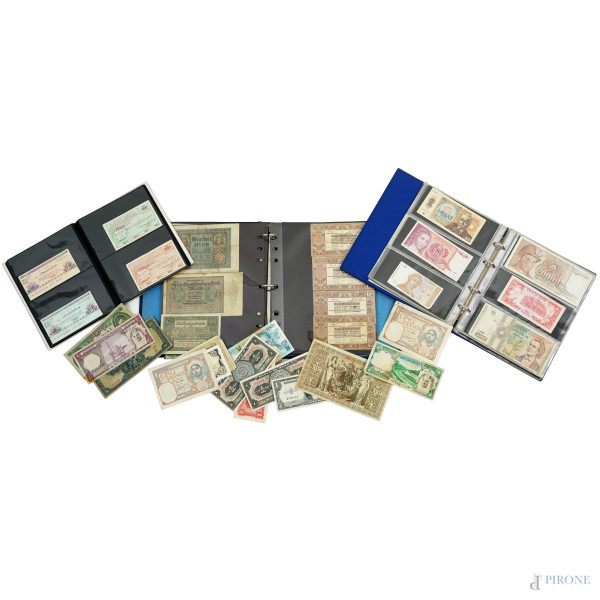 Lotto di 3 album di cartamonete e assegni, paesi diversi, XX secolo