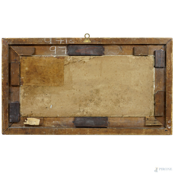 Spiaggia con barche a secco e figure, olio su cartone, firmato, cm 34,5x75, entro cornice
