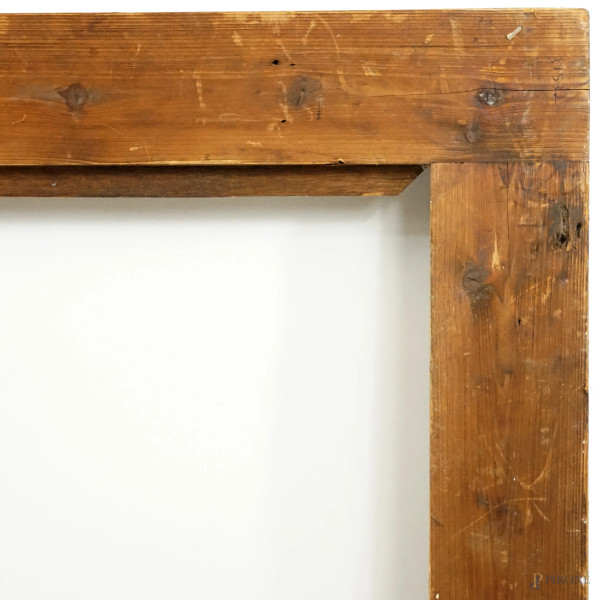 Cornice modanata in legno, XX secolo, ingombro cm 129x106, battuta cm 110,5x88,5, (difetti e manc...