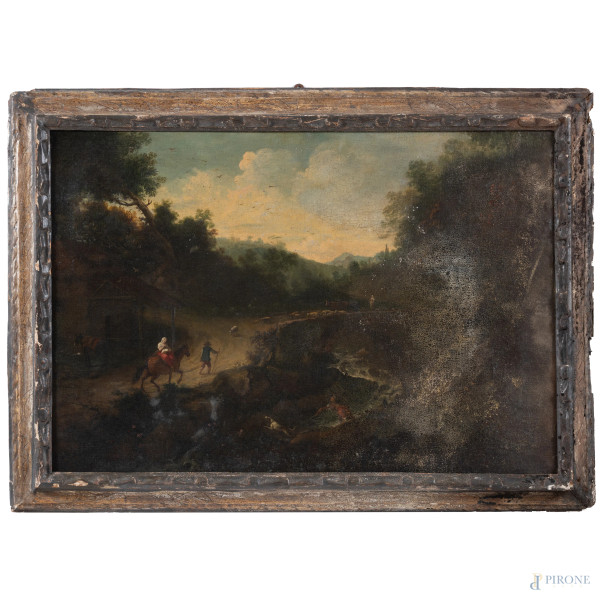 Paesaggio con armenti, XIX secolo, olio su tela, cm 58x83, entro cornice, (segni di usura, tracce di umidità, lacerazioni, cadute di colore, abrasioni)
