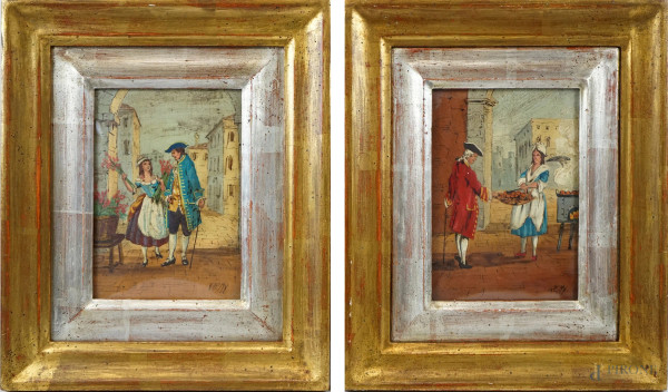 Coppia di dipinti raffiguranti figure settecentesche, olio su tavola, cm 17,5x12,5, firmati Remy, entro cornici