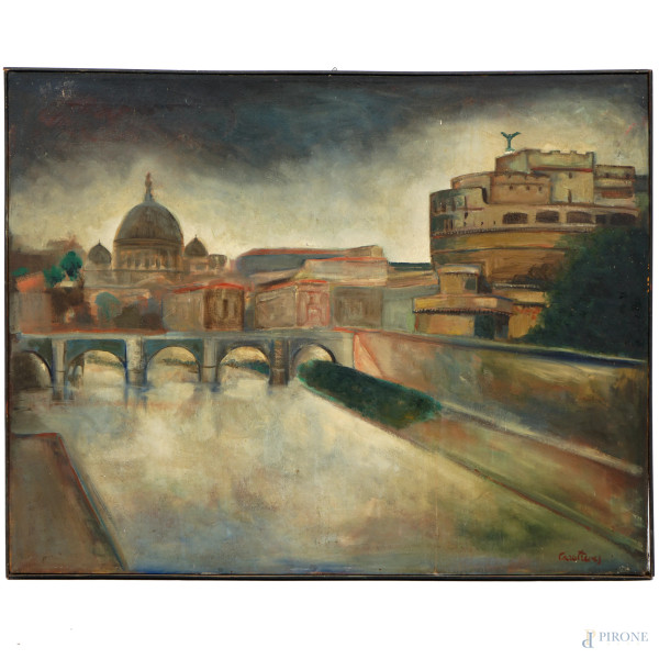 Veduta di Roma con Castel Sant'Angelo, olio su tela, firmato in basso a destra, cm 70x90