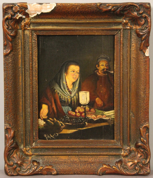 La venditrice di frutta, olio su tavola, 20x15 cm, entro cornice firmato P.Akops