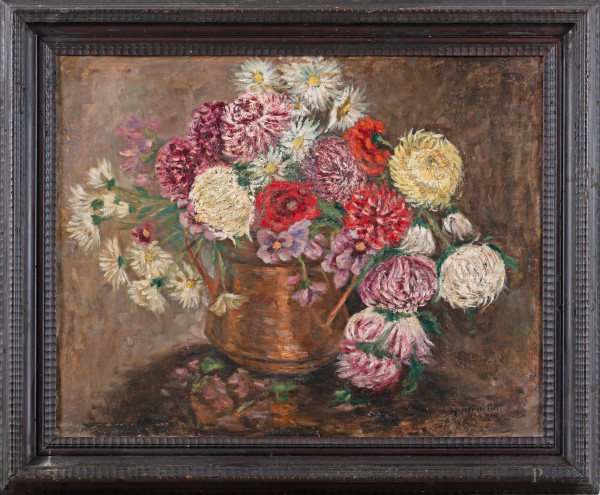 Vaso con fiori, XX secolo, olio su tela applicata su cartone, cm 58x72, firmato in basso a destra, entro cornice, (segni di usura)