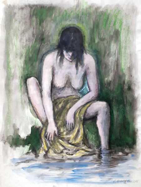 Francesco Ridolfi - Nudo di donna alla fonte, tecnica mista su carta, cm 50x37, firmato e datato