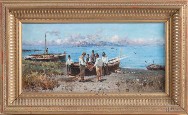Pescatori sulla spiaggia, XIX secolo, olio su tela, cm 20x39, firmato in basso a sinistra, entro cornice, (segni di battitura del telaio)