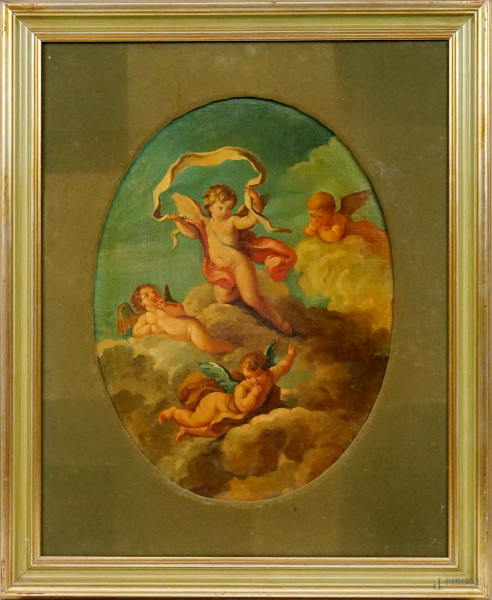 Allegoria di putti, olio su tela,  cm 46x35, XX secolo, entro cornice.