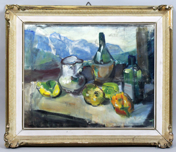 Marco Novati, Frutti e vasellame, olio su tela, datato 1955, cm 40x50, entro cornice