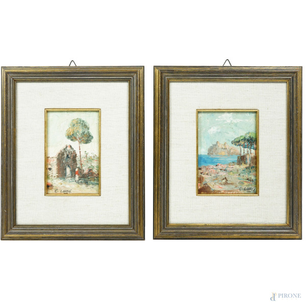 Coppia di dipinti raffiguranti una veduta di Ischia ed uno scorcio con figura, olio su masonite, cm 14,5x10, firmati, entro cornice