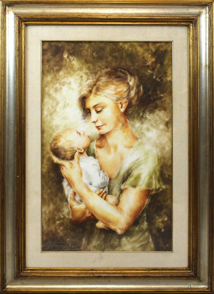 Ortensia Celeste - Donna con bimbo, olio su tela, cm 80x50, entro cornice.