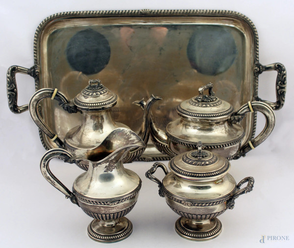 Servizio tè e caffè in argento, completo di vassoio, pz. 5, gr. 6224