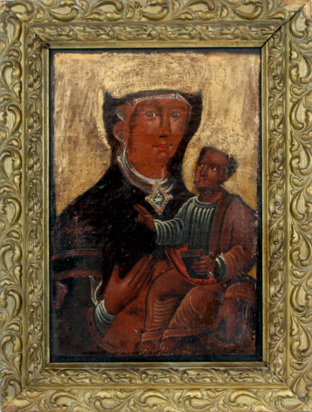 Madonna con Bambino, olio su tavola, cm 38x26, XIX secolo, entro cornice, (difetti).
