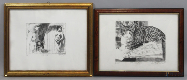 Lotto di due stampe raffiguranti il gatto nello studio e Bagni Wanda,  misure max cm 46x37, firmati G.Ferraris, entro cornici