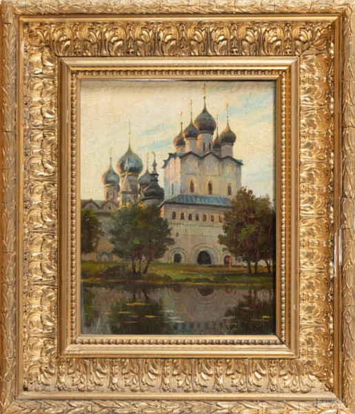 Cattedrale di Novograd, inizio XX secolo, olio su tela applicata su faesite, cm 29x23,5, entro cornice