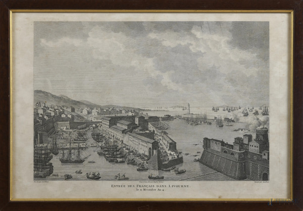 Stampa raffigurante L'entrata dei Francesi a Livorno, XX secolo, cm 33x44, entro cornice, (segni di usura, difetti)