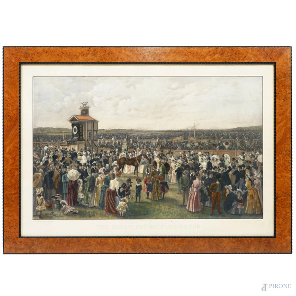 The derby day, XIX secolo, stampa a colori da Carl Kahler (1856-1906), cm 60x88, entro cornice, (difetti)