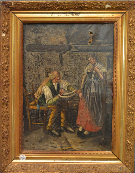 Interno con figure, dipinto di scuola olandese ad olio su tela 25x39 cm, entro cornice.