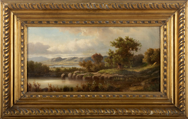 Paesaggio lacustre, olio su tela, XIX-XX secolo, cm 24,5x48, entro cornice