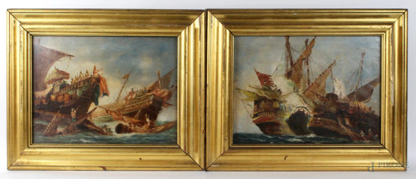 Battaglie navali, coppia di dipinti ad olio su tela, cm. 30x40, inizi XX secolo, entro cornici.