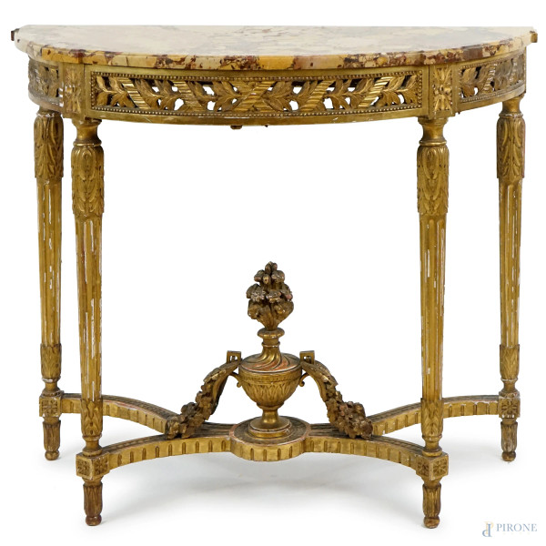 Consolle a mezzaluna stile Luigi XVI, in legno scolpito e dorato, piano in marmo, poggiante su quattro gambe scanalate riunite da traversa con vaso e bouquet di fiori, cm h 93x106,5x48,5, XIX secolo, (difetti).