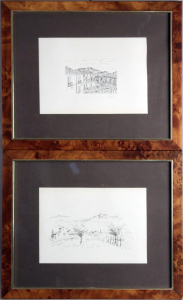 Paesaggi, coppia di litografie, cm 33x23, firmate, entro cornici.