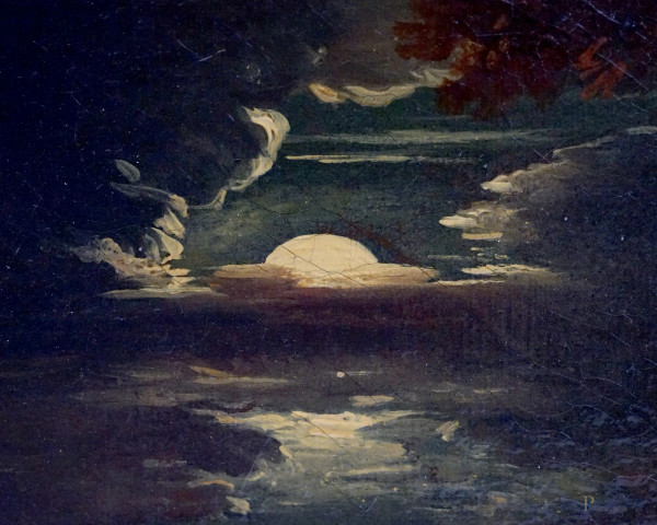 Pittore attivo a Genova alla fine del XVII secolo, Fuga da un incendio al chiaro di luna, olio su...