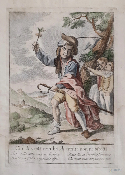 Giuseppe Piattoli (1743-1823), Proverbio toscano, incisione a bulino acquarellata a mano su carta vergata e filigranata, cm 37x28