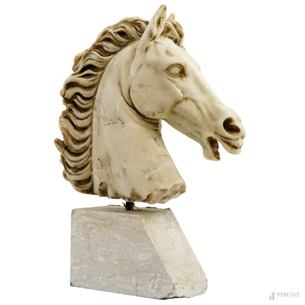 Testa di cavallo, scultura in resina, con base in marmo, XX secolo, cm h 53, (difetti).