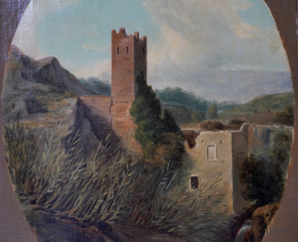Paesaggio con torre e ruderi di caseggiati, metà del XX secolo, olio su tela, cm 32,5x24 entro co...