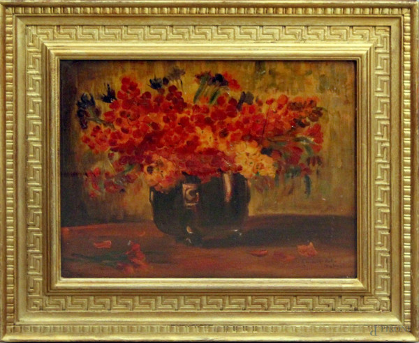 Vaso con fiori, olio su cartone, 30x40 cm, entro cornice firmato Pietro Gaudenzi