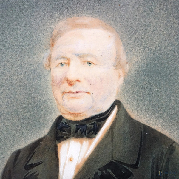 Coppia di ritratti in ovale, tecnica mista su carta, cm 24x18, entro cornice