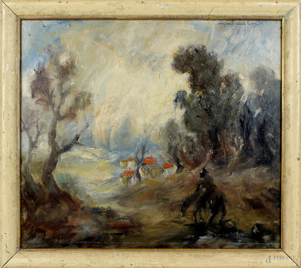 Paesaggio con cavaliere, olio su masonite, cm.35,5x40,5, firmato Galimberti, entro cornice.