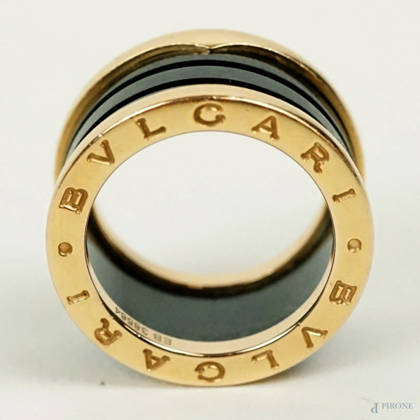 Bulgari - Collezione B.Zero1, anello con fascia a spirale in ceramica nera e oro rosa, peso gr. 1...