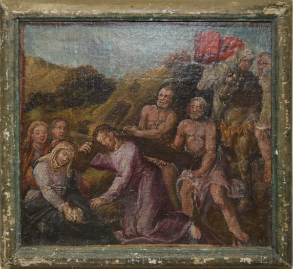 Via Crucis, olio su cartone 26x24 cm, entro cornice, XIX sec°.