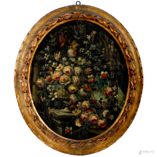 Natura morta di fiori, olio su tela applicata su ,cartone, XIX-XX secolo, cm 74x62, entro cornice, (difetti)