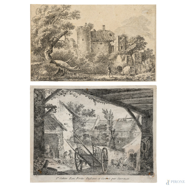 Lotto di due incisioni raffiguranti scorci campestri, XIX secolo, misure massime cm 17x22, (segni di usura, tracce di umidità, gore, foxing, lacerazioni della carta, tracce di piegatura)